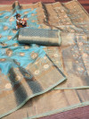 Sky blue color soft cotton saree with zari weaving work