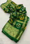 Green color hand bandhej silk saree with zari weaving work