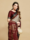 Cream and maroon color soft jacquard silk saree with foil printed work