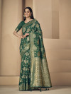 Green color soft linen silk saree with zari weaving work