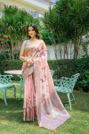 Peach color linen cotton saree with digital printed work