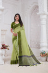 Pista green color linen cotton saree with woven design