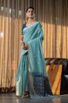 Sky blue color mulmul cotton saree with weaving work