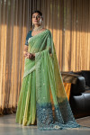 Green color mulmul cotton saree with weaving work