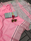 Baby pink color soft linen cotton saree with weaving work