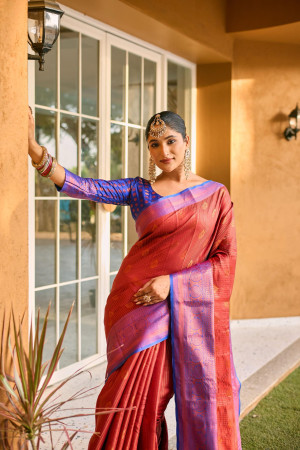 Maroon color kanjivaram silk saree with woven design