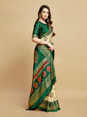 Cream and green color soft jacquard silk saree with foil printed work