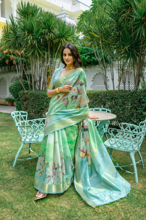 Pista green color linen cotton saree with digital printed work