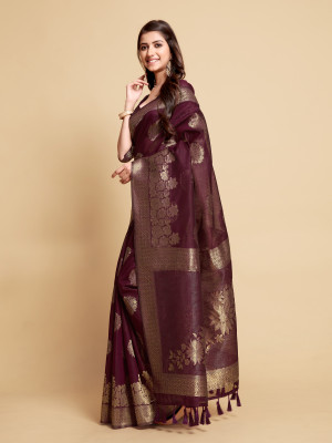Magenta color soft linen silk saree with zari weaving work