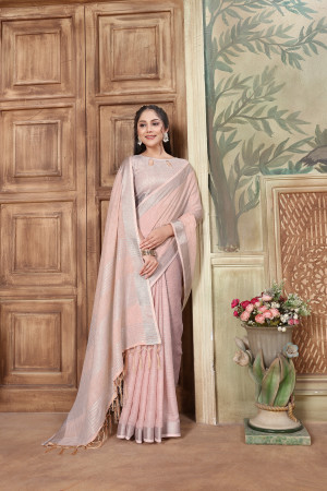 Pink color linen cotton saree with zari weaving worK