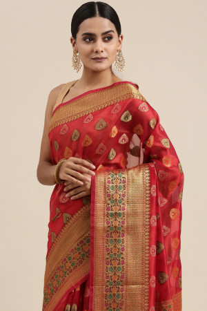 Red color soft organza silk saree with woven design