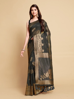 Black color soft linen silk saree with zari weaving work