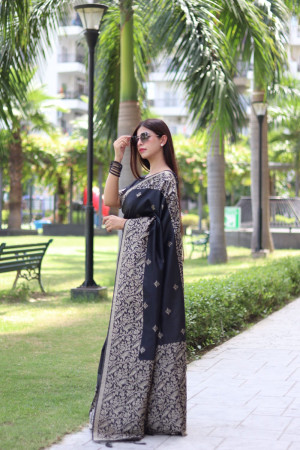 Black color soft handloom raw silk saree with weaving work