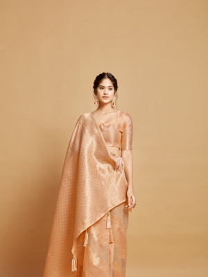 Light peach color soft linen silk saree with zari weaving work