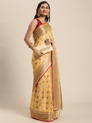 Yellow color chanderi cotton saree with woven design