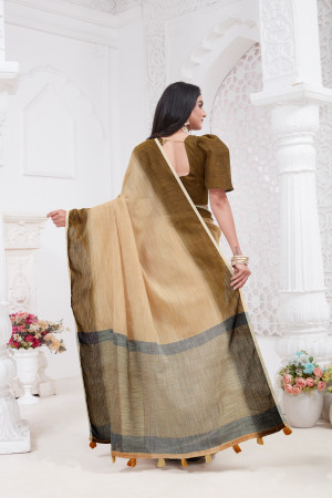 Light yellow color linen cotton saree with woven design