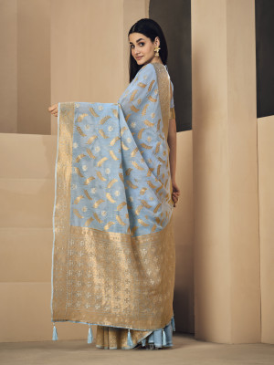 Sky blue color soft linen silk saree with zari weaving work