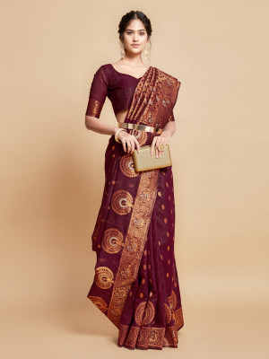 Magenta color soft linen silk saree with zari weaving work
