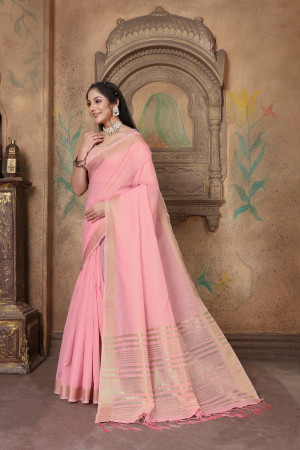 Pink color linen cotton saree with zari weaving work