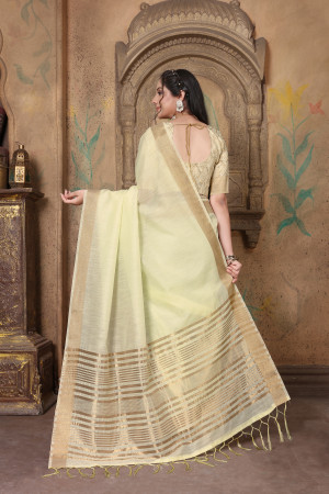 Off white color linen cotton saree with zari weaving work