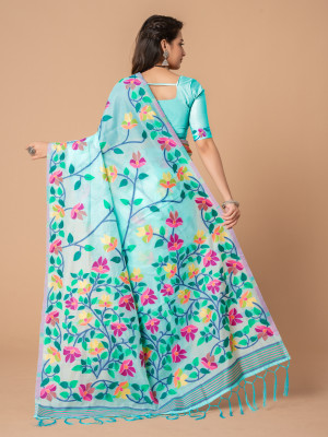 Sea green color soft jamdani cotton saree with woven design