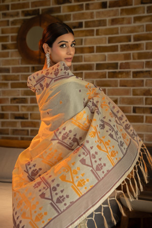 Mustard yellow color soft modal silk saree with woven design