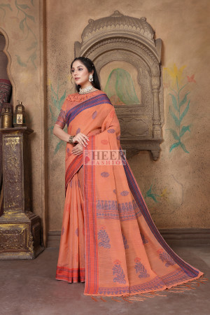 Orange color linen cotton saree with woven design