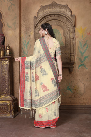 Off white color linen cotton saree with woven design