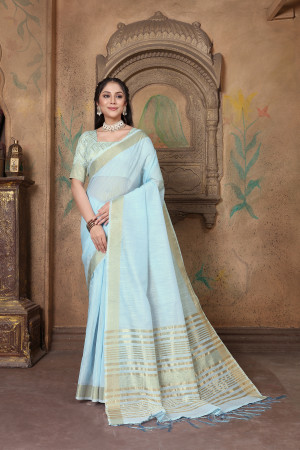 Sky blue color linen cotton saree with zari weaving work