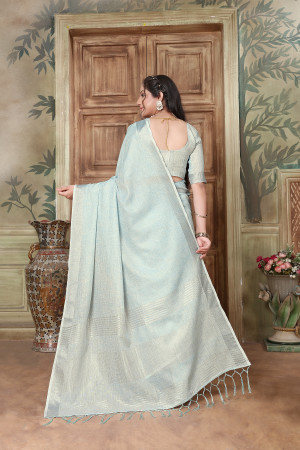 Sky blue color linen cotton saree with zari weaving worK