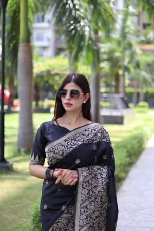 Black color soft handloom raw silk saree with weaving work