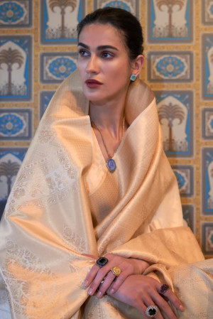 Beige color soft silk saree with zari weaving work