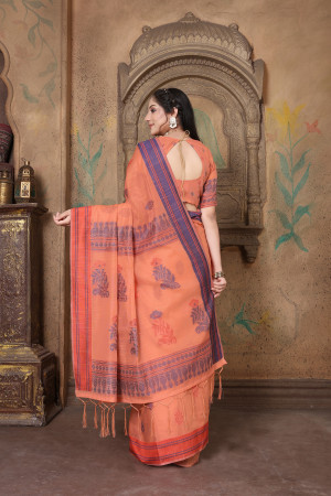Orange color linen cotton saree with woven design