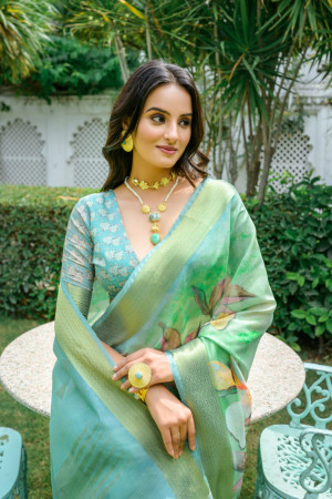 Pista green color linen cotton saree with digital printed work