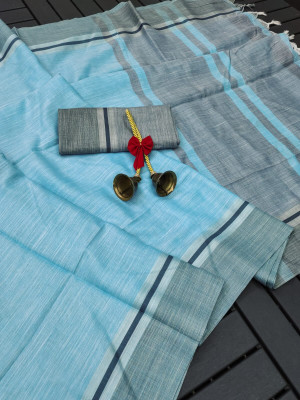 Sky blue color soft linen cotton saree with weaving work