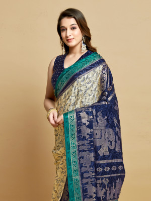 Off white and royal blue color soft jacquard silk saree with foil printed work