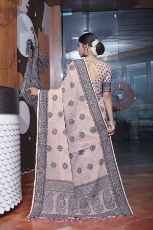 Peach color linen cotton saree with woven design