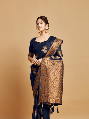 Navy blue color soft linen silk saree with zari weaving work