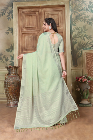Sea green color linen cotton saree with zari weaving worK