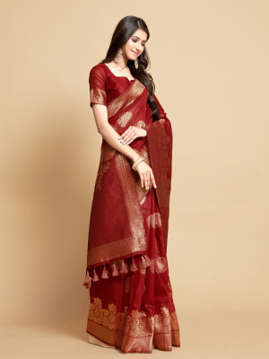 Marron color soft linen silk saree with zari weaving work