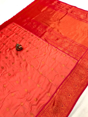 Peach color soft banarasi saree with zari weaving work