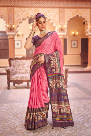 Peach color patola silk saree with foil printed work