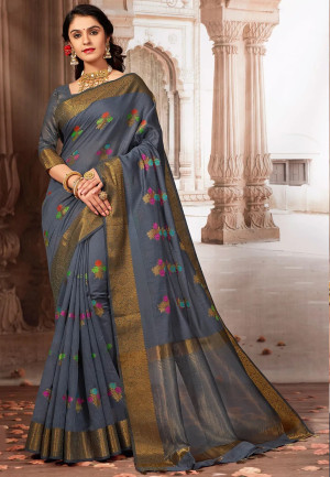 Gray color chanderi cotton saree with zari weaving work