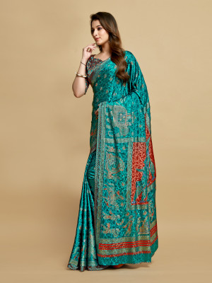 Rama green color soft jacquard silk saree with foil printed work