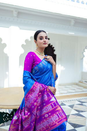 Royal blue color soft tussar silk saree with zari weaving border
