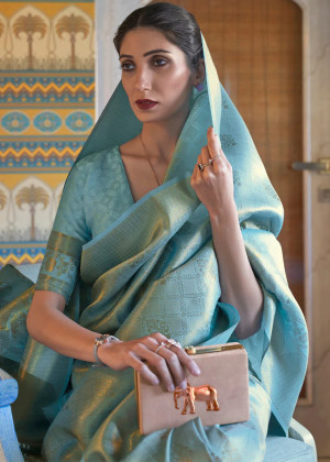 Sky blue color soft silk saree with zari weaving work