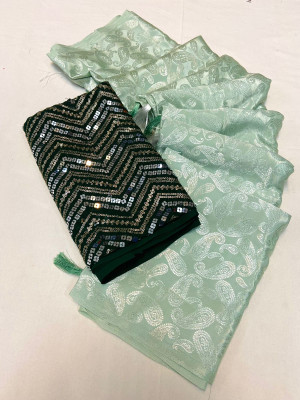 Pista green color satin silk saree with printed work
