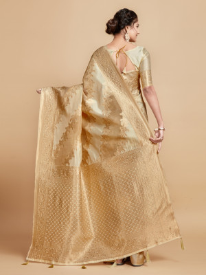 Off white color soft linen silk saree with zari weaving work