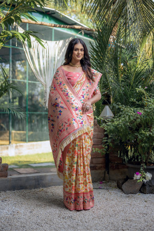 Cream color paithani silk saree with zari weaving work