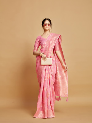 Baby pink color soft linen silk saree with zari weaving work